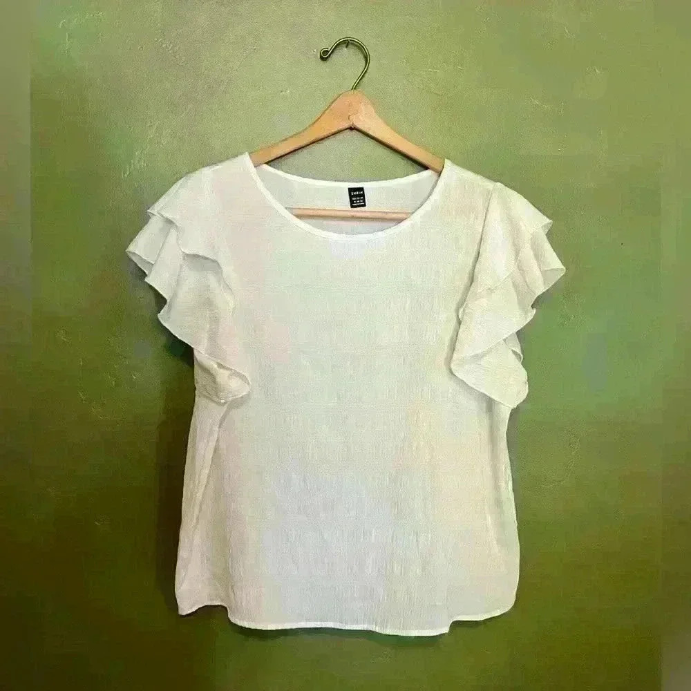 White Ruffle Sleeve Crew Neck Blouse, Size XL